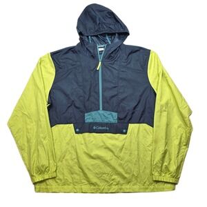 Columbia Anorak Hooded Jacket Mens Large Neon Yellow Dark Blue Pullover